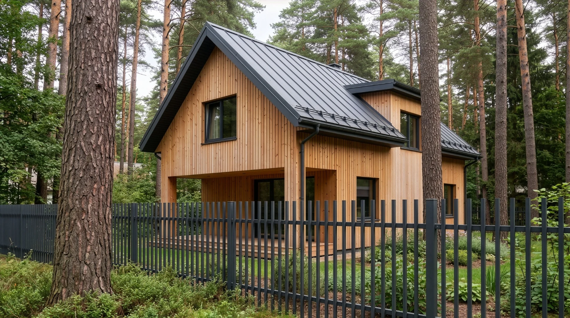 NORDSKETCH AI-assisted sample: larch-clad house in a forest